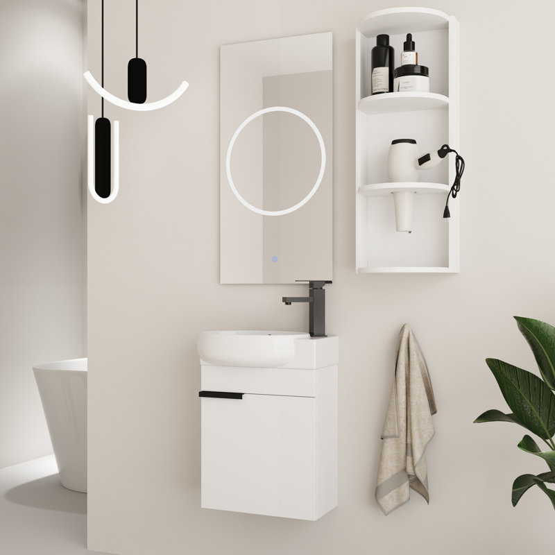 Ensemble de meuble-lavabo simple 16 po avec comptoir en céramique Derwent et support de rangement mural 12 po, Blanc