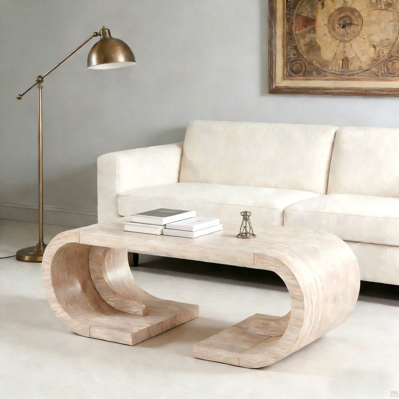 Table basse 47,24 po courbée en C robuste avec base courbée et grande table basse, Crème