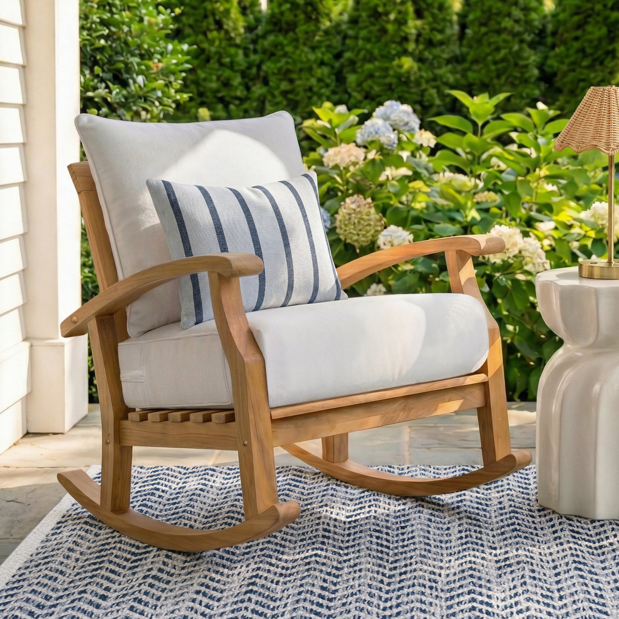 Summerton Teak Outdoor Rocking Chair with Cushions, Natural, Beige