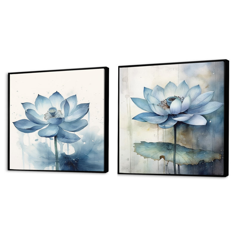 Timeless Lotus Saphire - lot de 2 lotus carrés, Cadre flottant noir, H 36 po x l 73 po