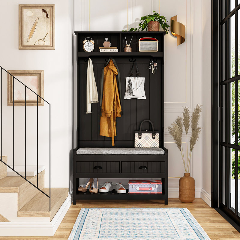 Modern Hall Tree with Bench and Shoe Storage, Black