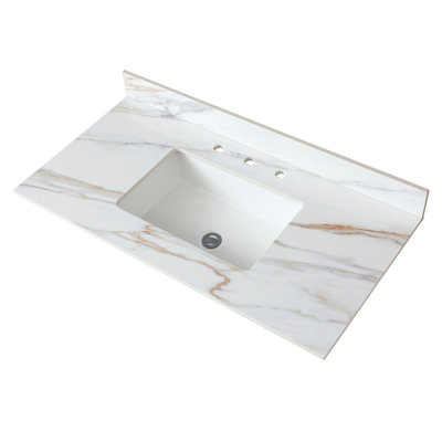 43  Marble Vanity Top, Bathroom Vanity Top With Undermount Rectangular Middle Sink And 4" Height Backsplash, Pre-Drilled 8  Faucet Hole Spread Vanity Top, Carrara White With Veins