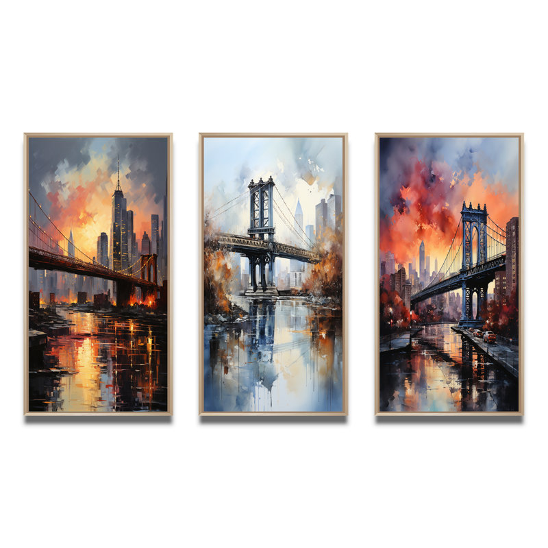 «Coral Bridge Urban Silhouettes», 3 pièces sur toile, Encadré naturel, H 28 po x l 36 po