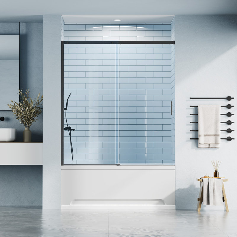 60"W X 60" H Double Sliding Semi-Frameless Tub Door With 1/4"(6mm) Clear Tempered Glass, Matte Black