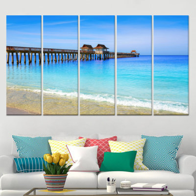 Printed Coastal Pier Canvas: Elegant Beach Landscape Wall Decor,5P Wrapped Canvas