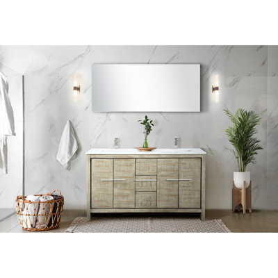 60 In. W Rustic Vanity, White Quartz Top, Brushed Nickel Faucet , 55" Mirror - Scratch And Stain Finish Double Bath Surface, Faucet, Long-lasting Practical Functional Vanity Unit