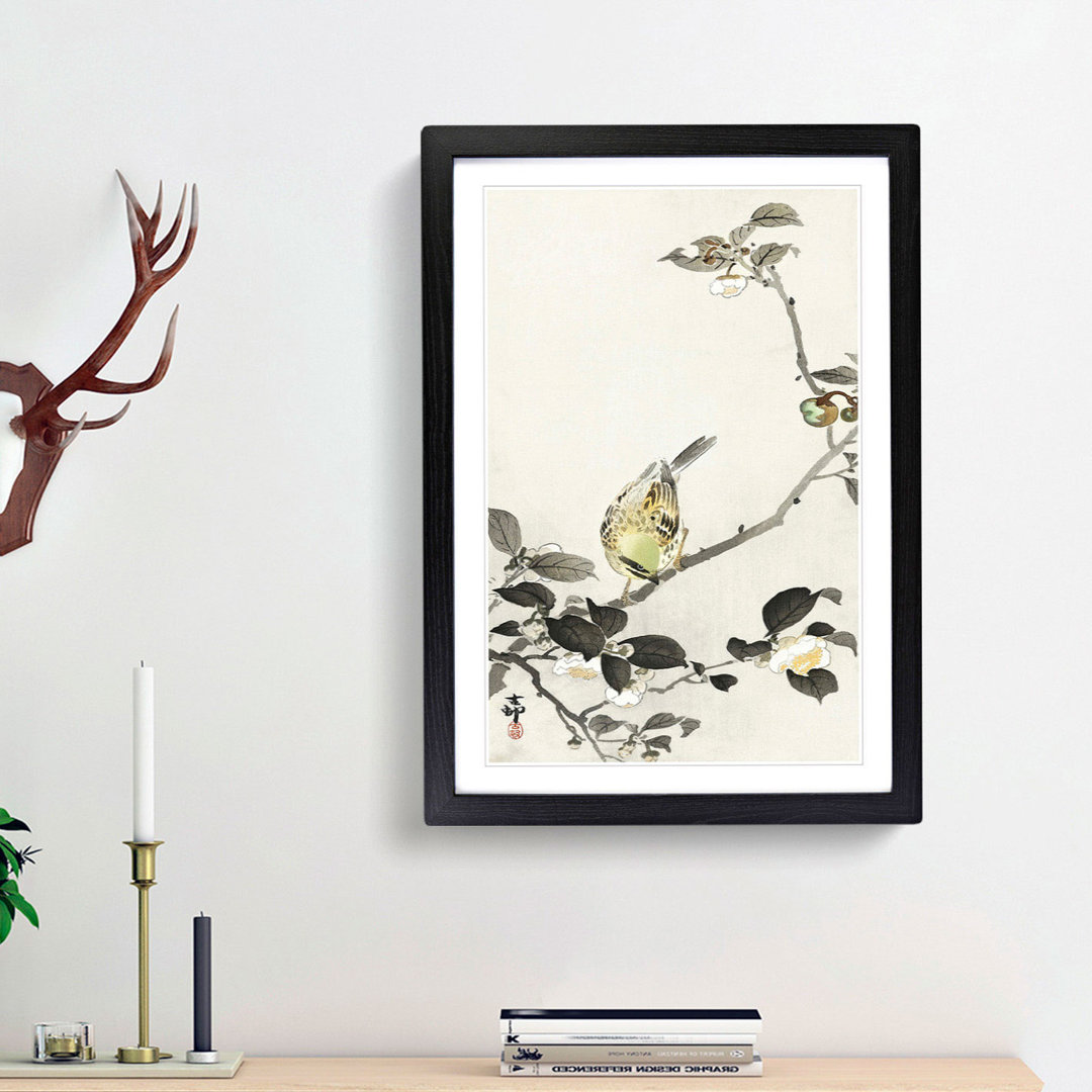 Bunting Bird on a Blossom Branch by Ohara Koson - Framed Print