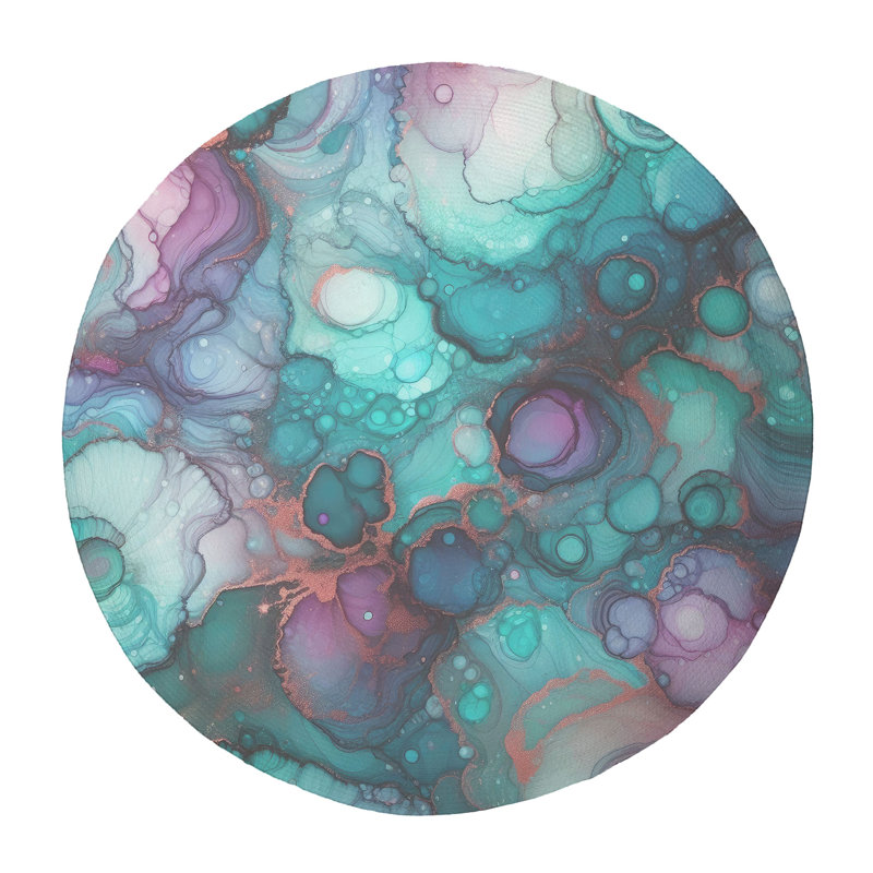 Violet-Teal Ink Flow Braided Rug, Round 5'