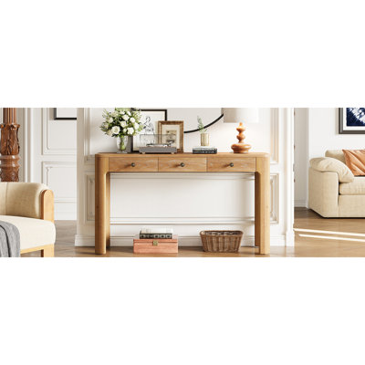 Console de style rétro aux coins arrondis, 3 tiroirs dissimulés, pieds épais en bois massif, couleur naturelle, idéale pour une entrée, un salon ou un couloir.