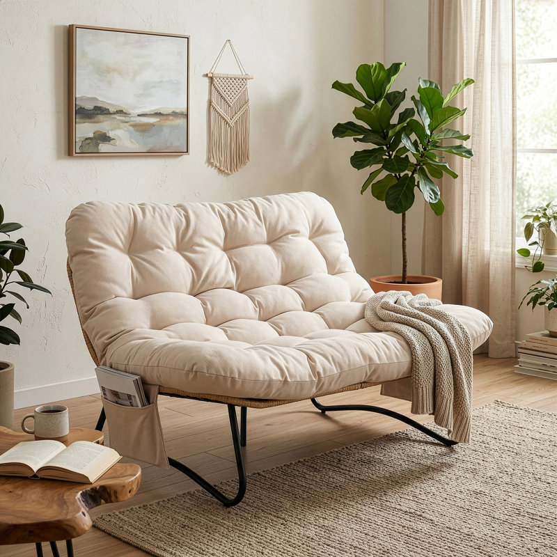 Oversized Double-Person Papasan Loveseat With Side Pockets, Beige