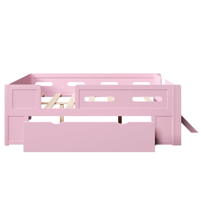Wood Full Size Platform Bed with Guardrail and Drawer, Pink, Full, Pink