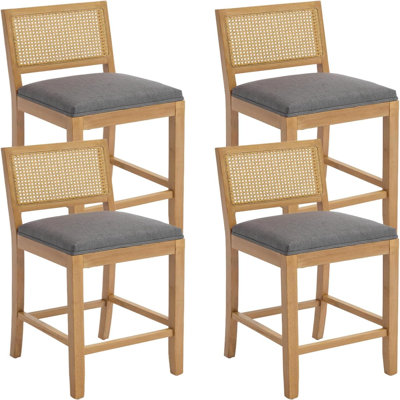 Rattan Linen Upholstered Counter Stool With Solid Wood Frame (Set Of 4)