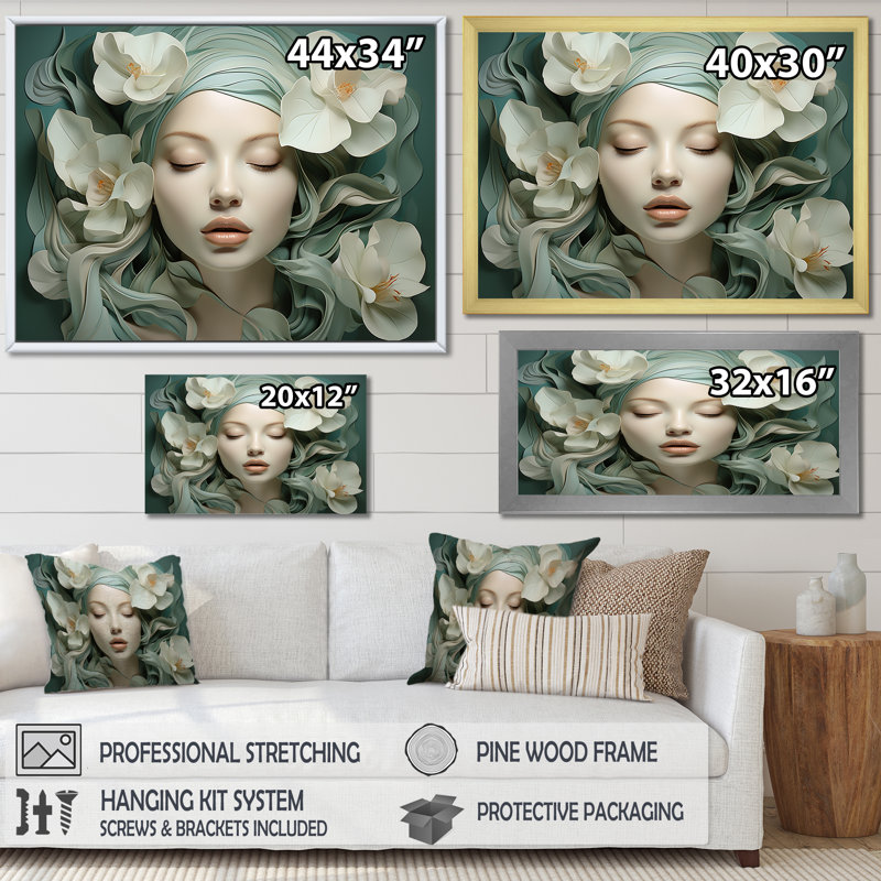 Femme verte et blanche avec une fleur sur le visage I - art mural mode, Cadre flottant doré, H 12 po x l 20 po x P 1 po