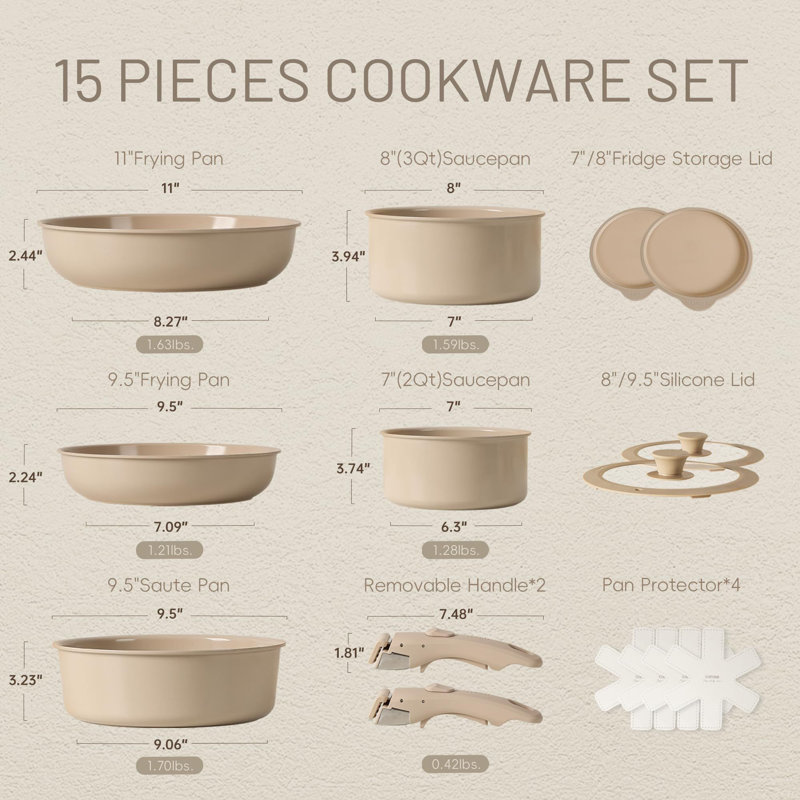 CAROTE 15-Piece Ceramic Cookware Set with Detachable Handle, Taupe