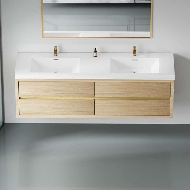 Wall-Mounted Bathroom Vanity With Sink, Floating Bathroom Storage Cabinet With Stone Resin Countertop And Soft Close Drawers