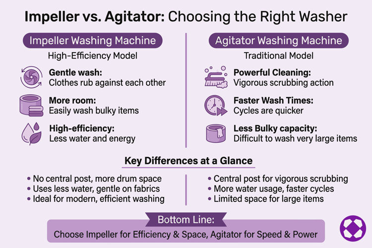 chart comparing impeller vs. agitator washing machines with key differences such as washing method, capacity, wash time, and efficiency