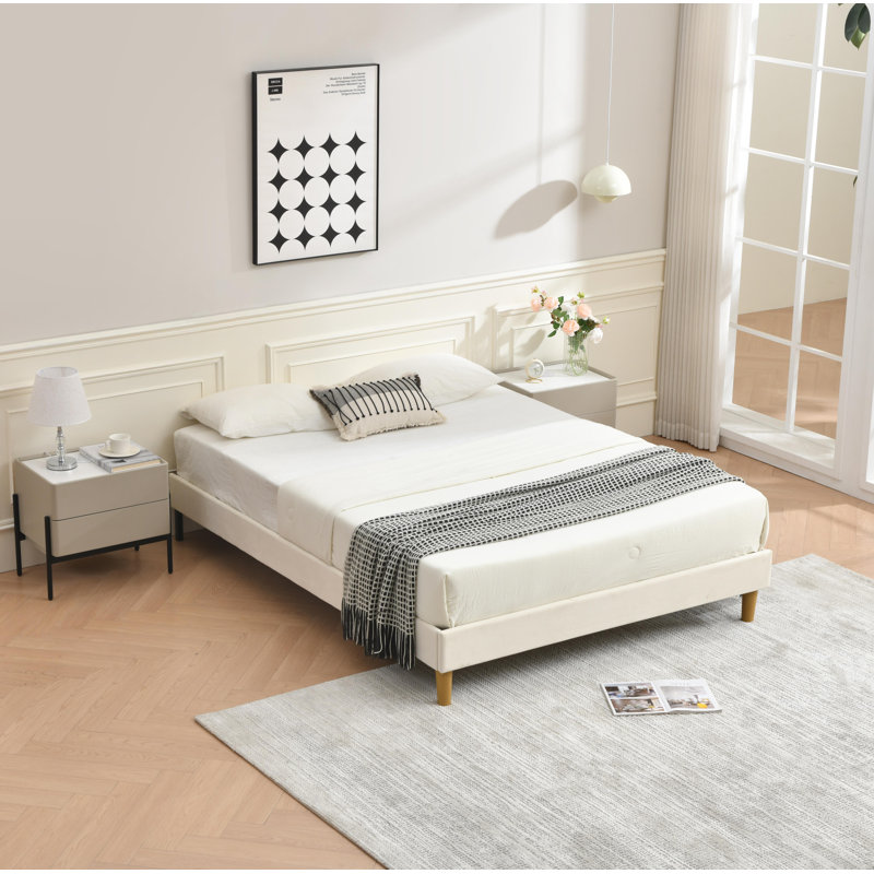 Lit plateforme en tissu d'ameublement, Crème, Grand