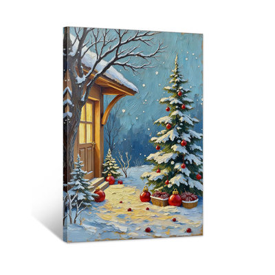 «Vintage Christmas Tree», reproduction d'art sur toile encadrée, art mural de Noël rustique, décoration de Noël botanique d'hiver, photos de Noël pour le salon de la chambre à coucher, décor de vacances de style chalet (art déco, Noël, 16 po x 24 po)