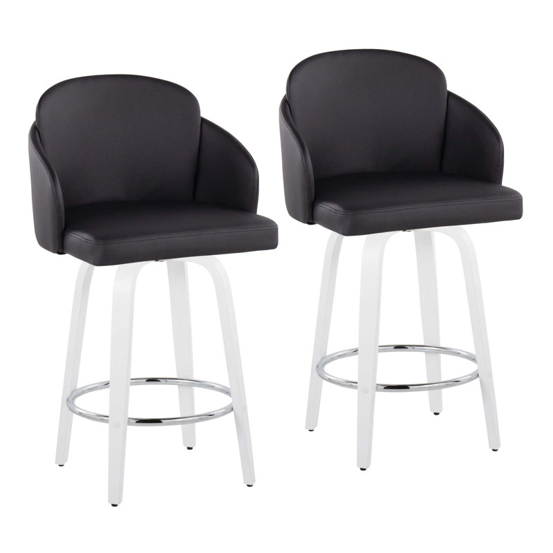 Tabouret de bar à hauteur fixe avec pivot en bois blanc et similicuir noir avec repose-pieds rond chromé - ensemble de 2