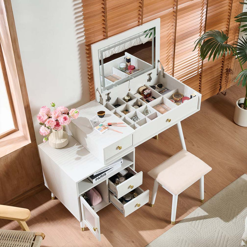 Bureau de coiffeuse avec miroir basculant éclairé et armoire réglable, Blanc