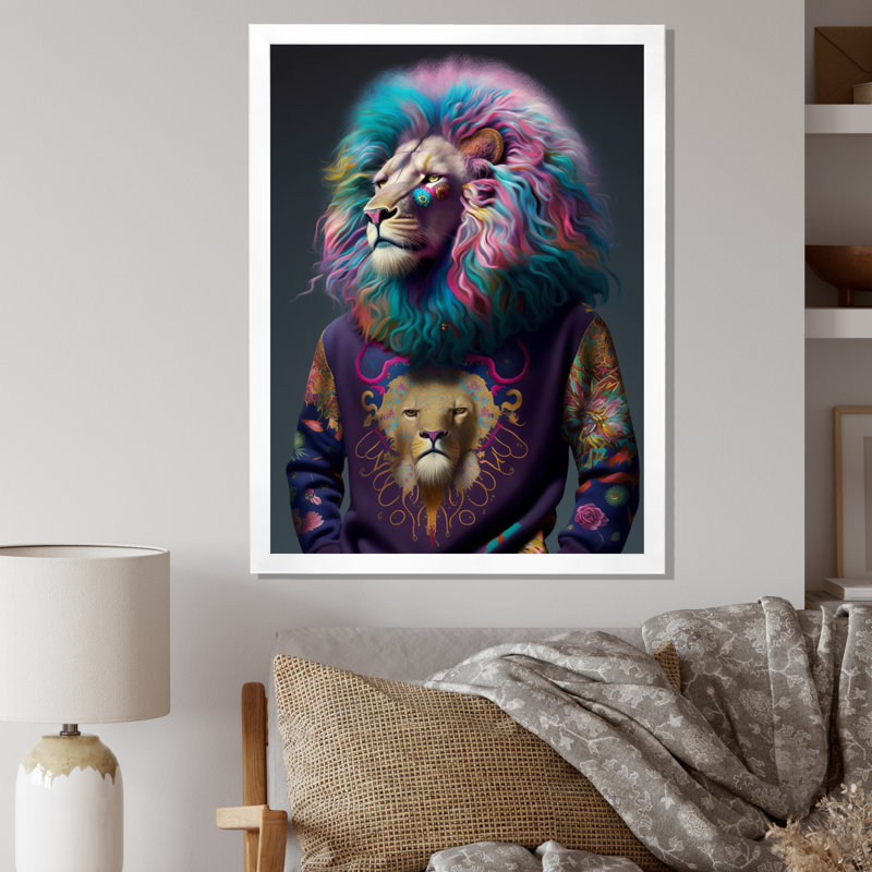 Lion frais avec un chandail flamboyant, H 32 po x l 24 po x P 1 po, Cadre simple blanc