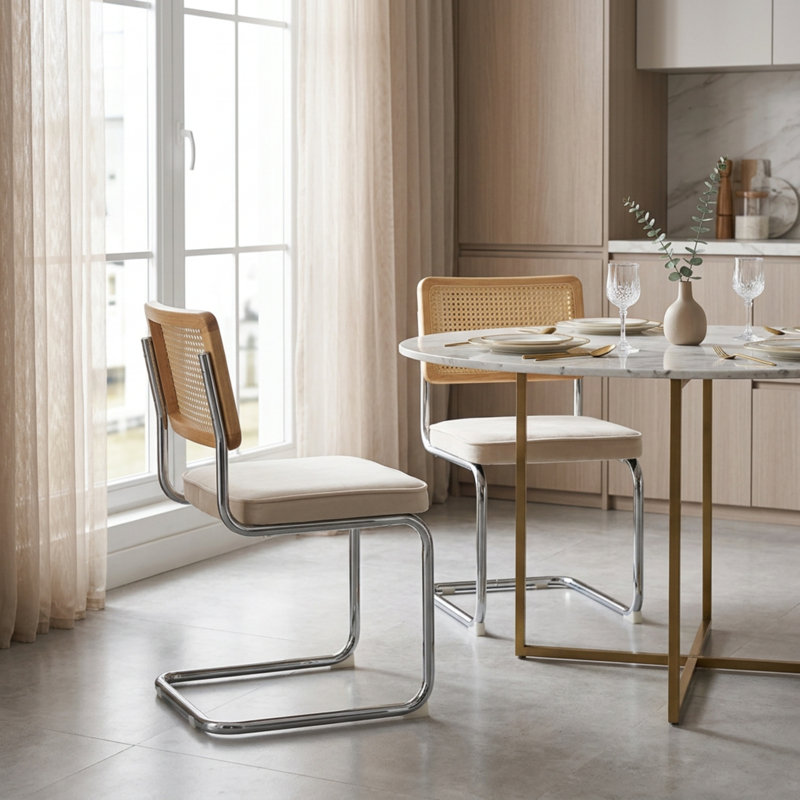 33In. H Modern Velvet Dining Chairs, Rattan Upholstered Kitchen Chairs With Stainless Base, Beige, Beige