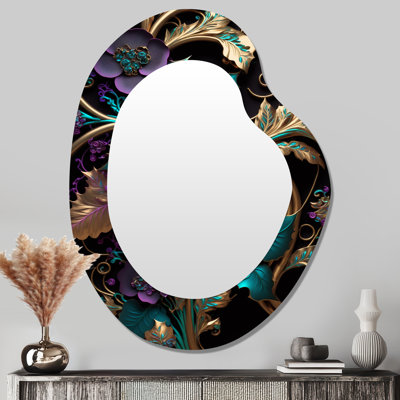 Doiron abstrait fleurs ornées en mauve et or III - miroir unique de forme unique floral, grand miroir mural asymétrique doré, impression d'art en métal