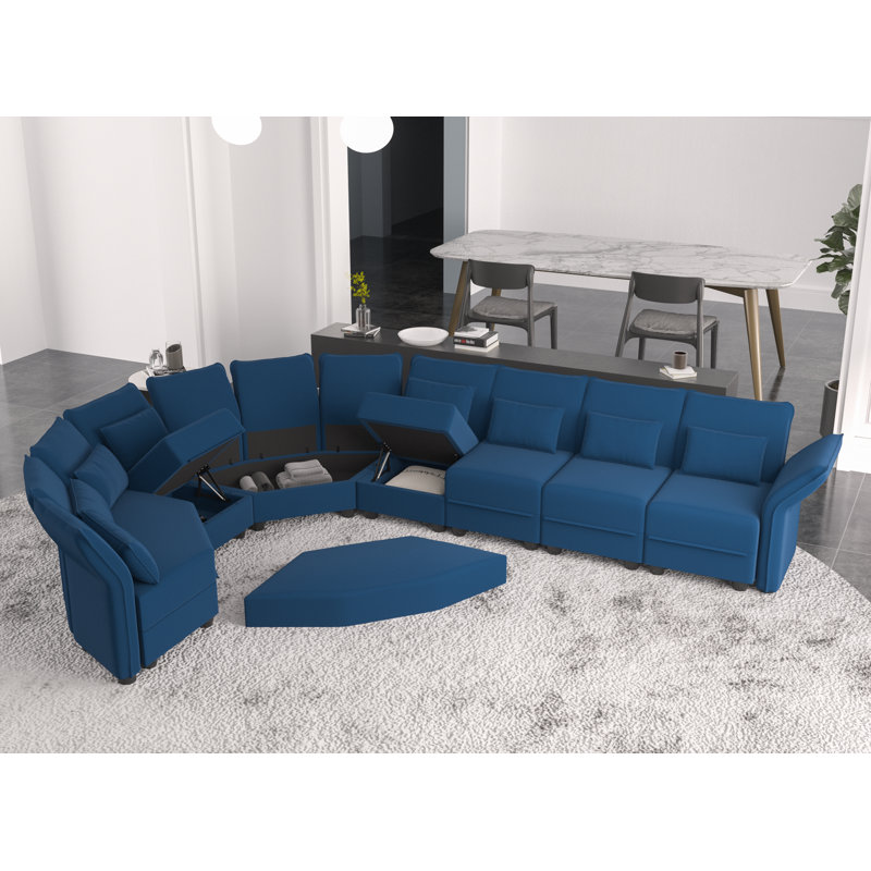 Broddi 7 - Piece Upholstered Reclining Sectional, Blue Microfiber/Microsuede