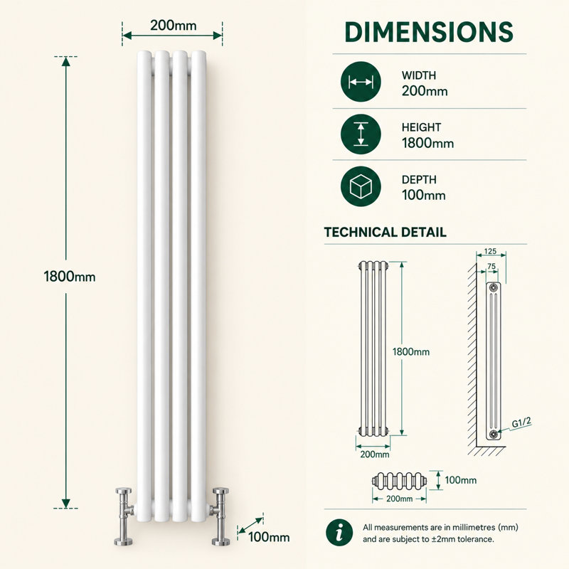 Uxbridge Vertical Traditional Colosseum Radiator, 1800mm H x 200mm W x 130mm D, White