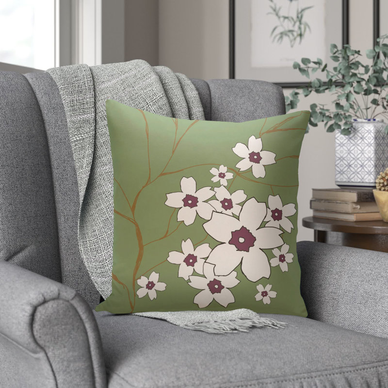 Floral Outdoor Square Pillow Cover and Insert, Green, 16''x16''