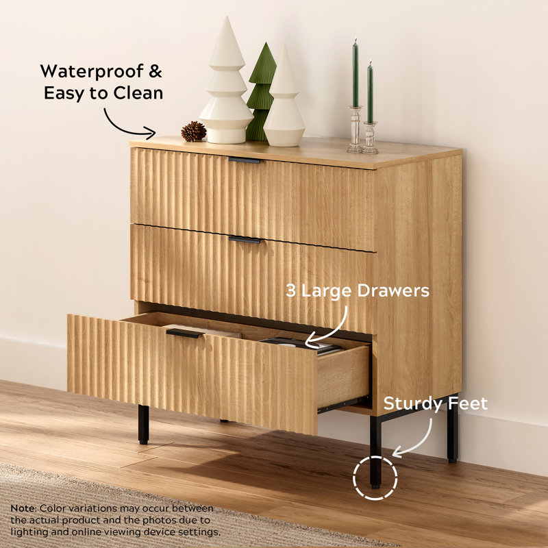 Fluted 3 Drawer Dresser With Metal Legs, Natural Oak
