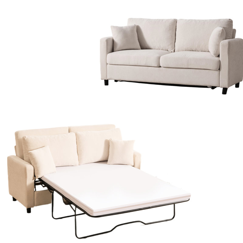 Lit de bébé 2 en 1 beige, canapé modulaire rembourré 81,5 po, matelas confortable en mousse à mémoire de forme de 3,35 po, tissu, cadre pour petit décor beige, cadre, appartement