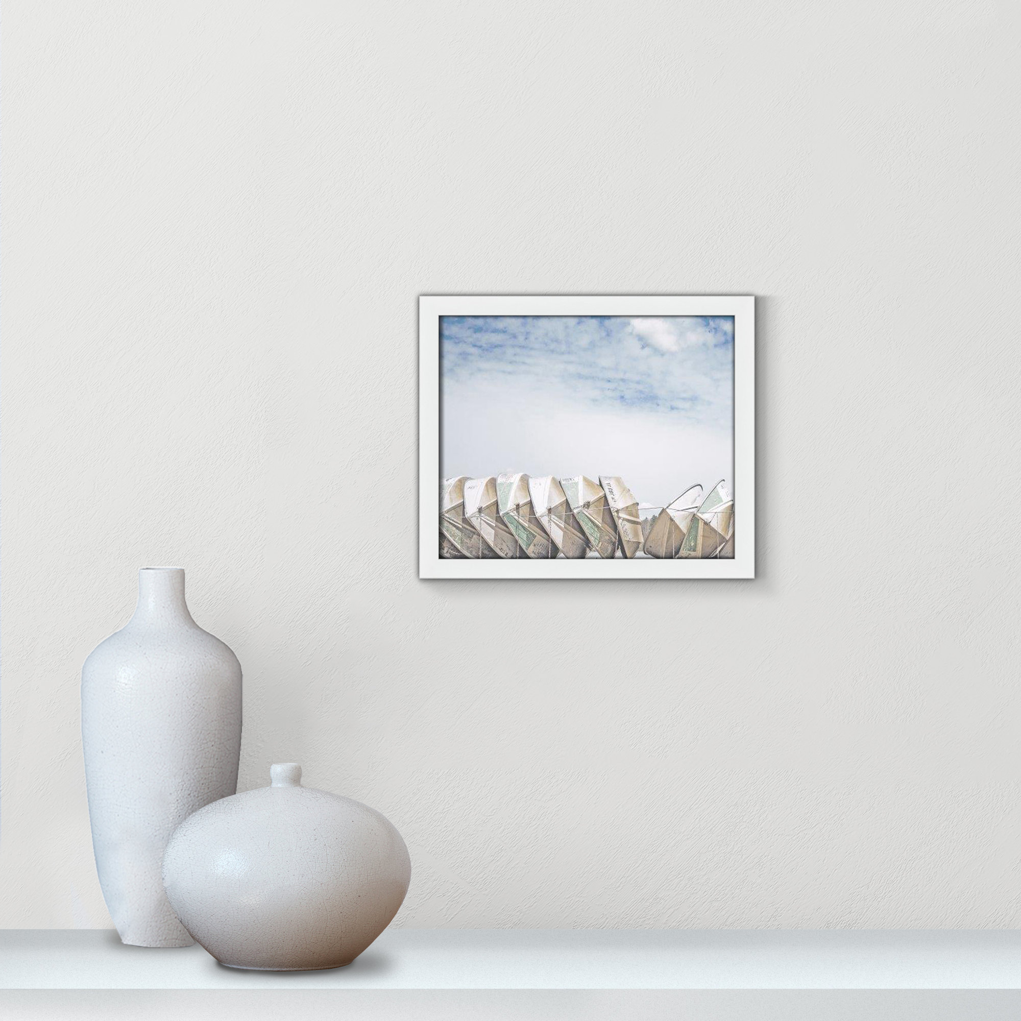 Wooden Boats Framed On Paper by Leah Straatsma Print, Satin White, 13" H x 15" W x 1.25" D