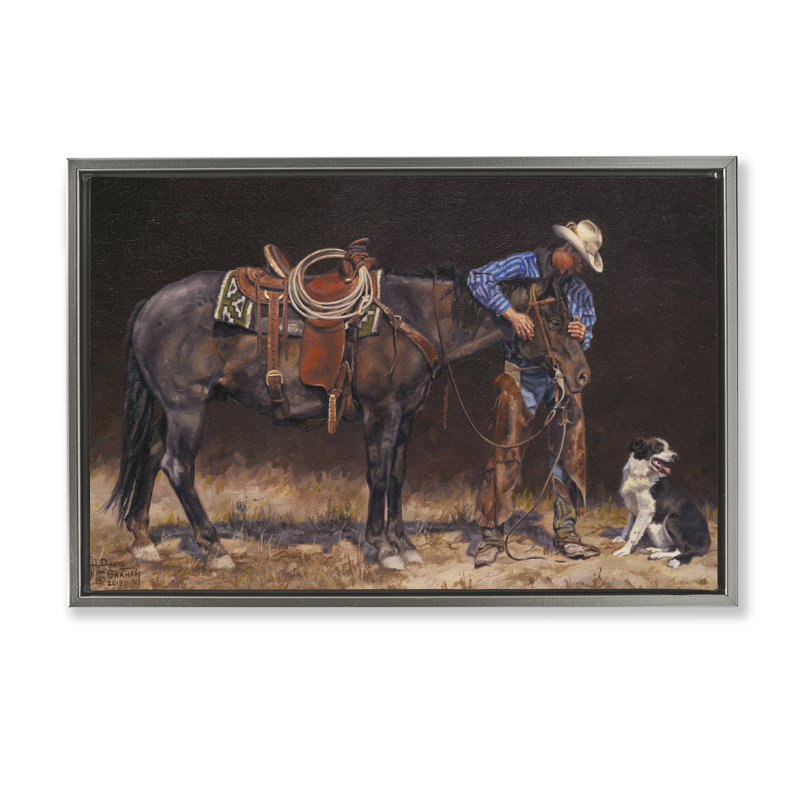 «Western Horse & Dog» par David Graham, Cadre flottant gris lustré, H 17 po x l 25 po