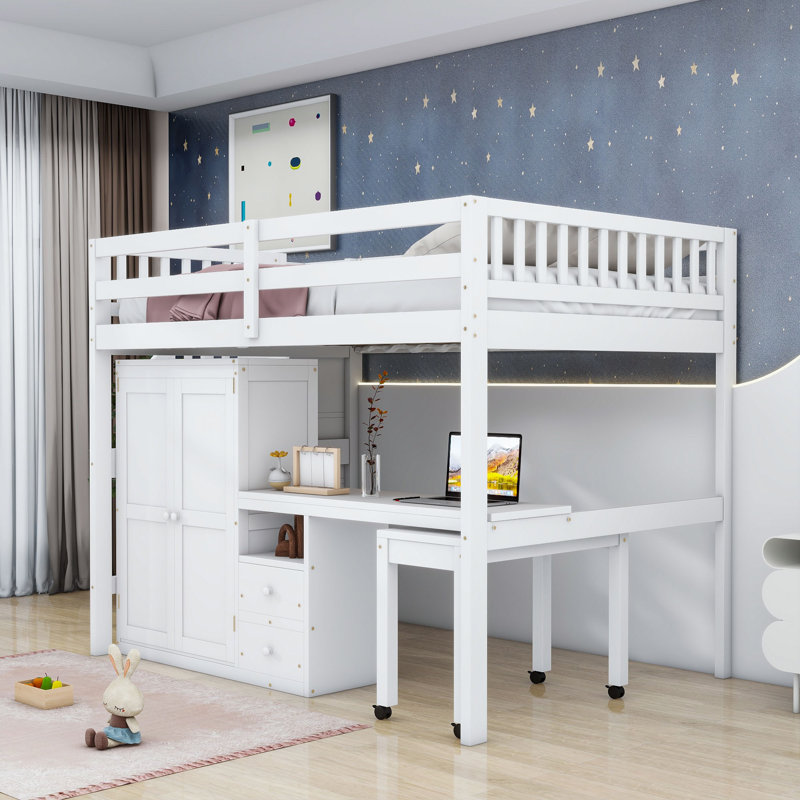 Lit mezzanine 2 tiroirs avec escalier de rangement, bureau, tablettes et garde-robe, Double, Blanc