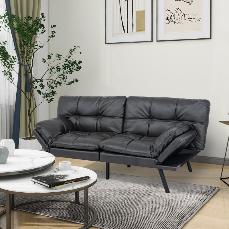 71'' Convertible Sleeper Sofa Bed, Upholstered Futon Sofa Twin Size, Matte Black Faux Leather