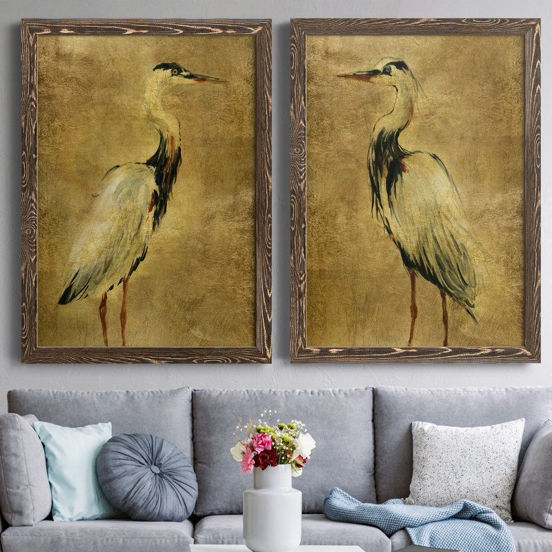 «Gold Crane at Dusk I», ensemble de reproductions d'art sur toile encadrées, H 20 po x l 34 po x P 1,5 po, Cadre noyer