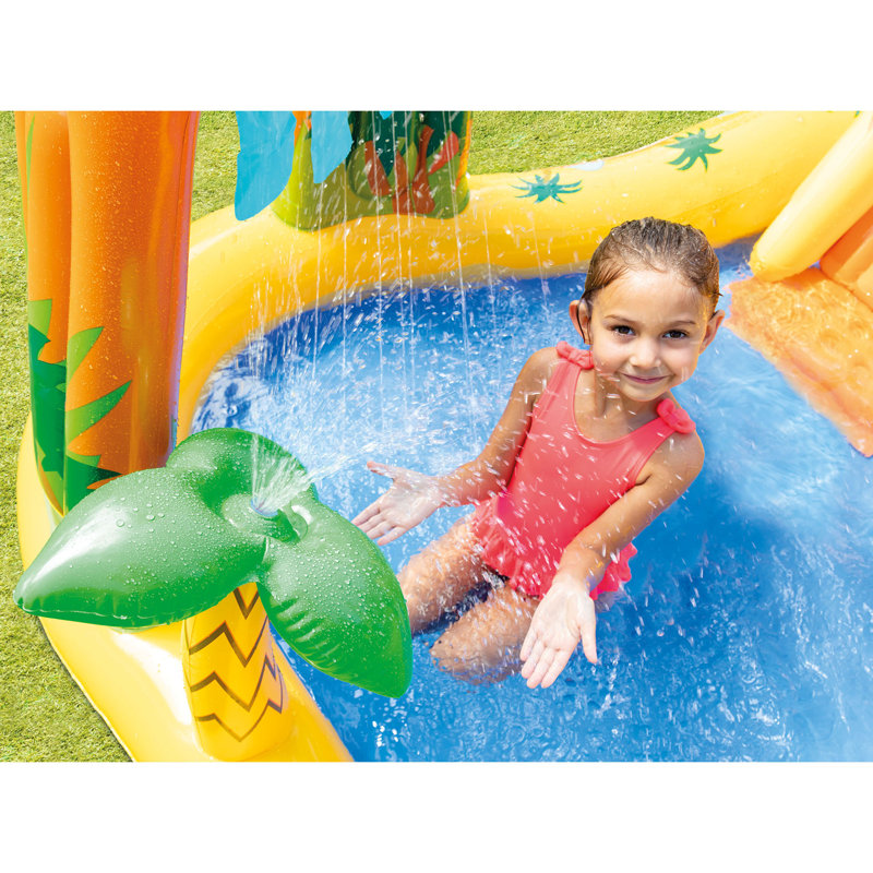 Intex: Dinosaur Inflatable Play Centre - Kids Waterslide Playground, Built-In Water Spraying Palm Tree & Waterfall, 8ft 2in x 6ft 3in x 3ft 7in, Suitable For Children Ages 2+