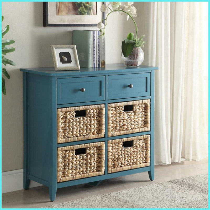 Table basse bleu sarcelle avec 6 tiroirs Façades de paniers - Rangement spacieux pour le salon, accès facile