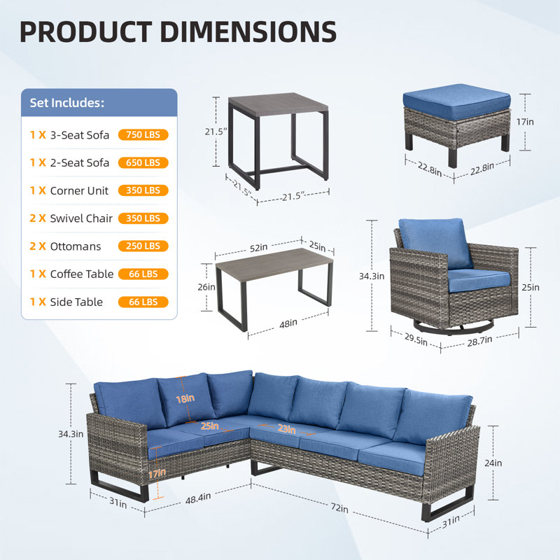8 - Person Patio Conversation Set with Cushions, Blue
