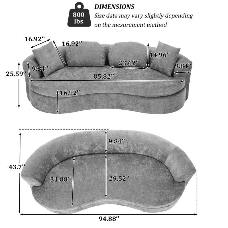 Canapé-lit à accoudoirs incurvés 94,88 po Bonelesss, sans assemblage requis avec siège profond, 4 coussins, Gris