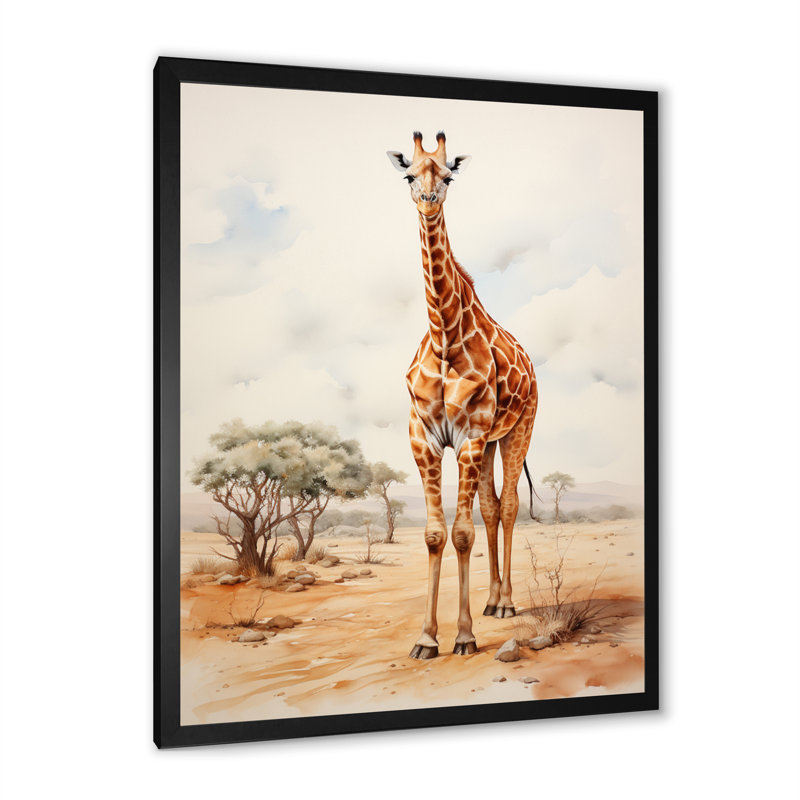 Girafe brune brune et brune sur toile, Cadre simple noir, H 32 po x l 16 po x P 1 po