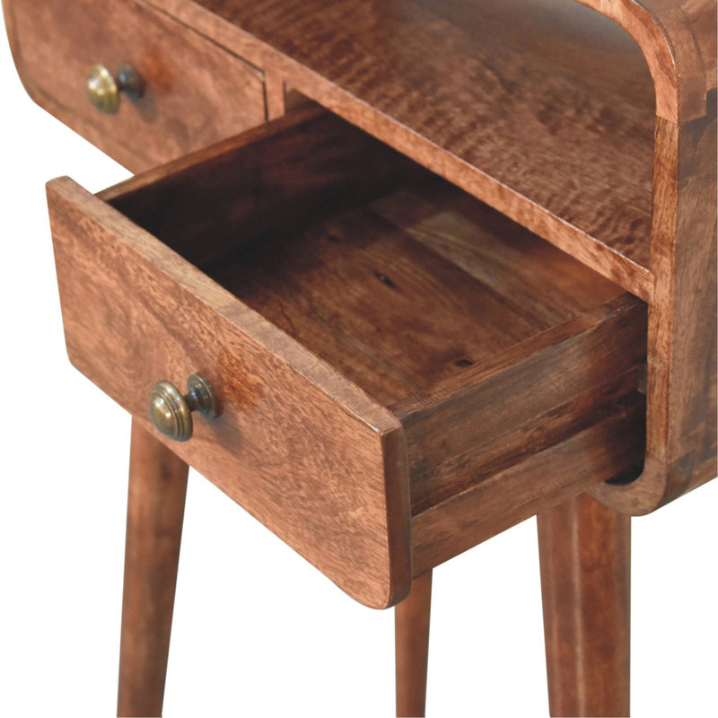 Mini console en bois incurvé caramel miel, 2 tiroirs, fente ouverte, pieds nordiques, brun