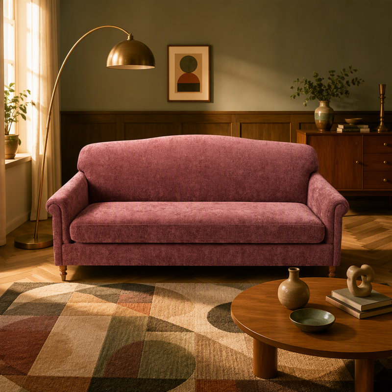 Sofa deux places moderne avec accoudoirs arrondis et revêtement en chenille, Chenille rouge