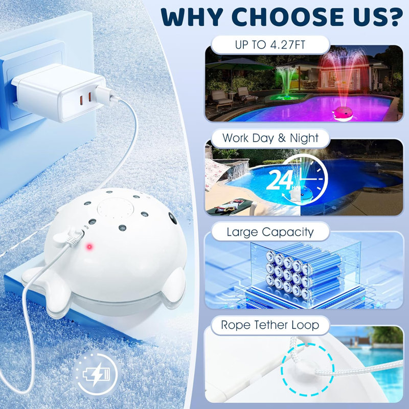 Floating Pool Fountain With Lights,Upgraded Rechargeable Pool Water Fountain With Remote,Whale Swimming Pool Fountain,Floating Fountain Pump For Inground Above Ground Pool-1PC(White)