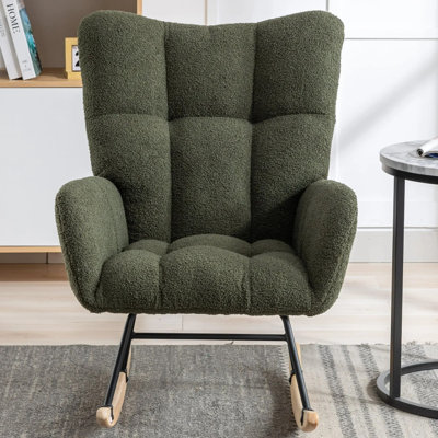 Chaise berçante avec poches latérales, fauteuil coulissant rembourré en peluche pour chambre de bébé et de salon, conception à oreilles confortable avec base en bois massif, fauteuil d'appoint blanc pour chambre ou balcon