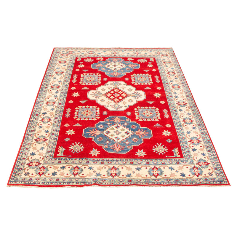 Tapis unique en laine noué à la main 6 pi 6 po x 9 pi 1 po New Age de couleur rouge / bleu / beige Alodie