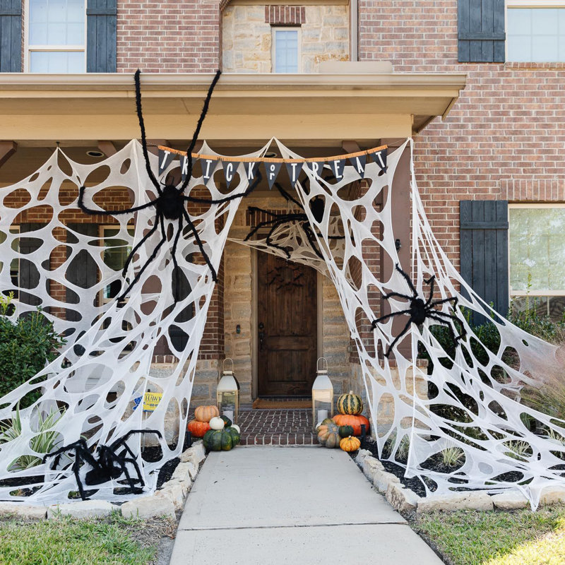 450 Sqft Spider Webs Gauze & 49in Spider Halloween Decorations Outdoor Stretchy Webs