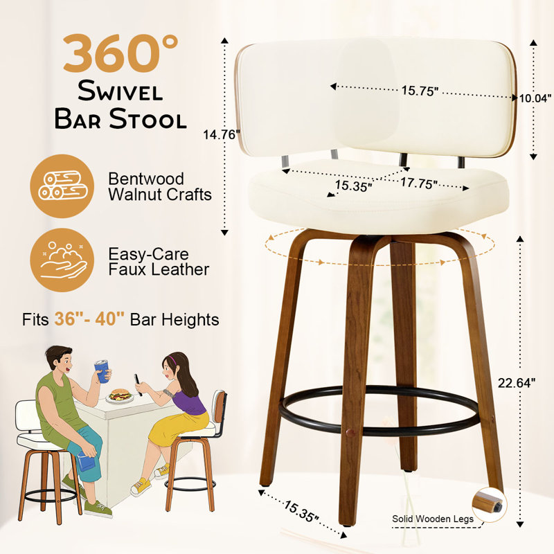 27" Swivel Faux Leather Counter Height Bar Stools with Backrest,Cream White, Cream/White