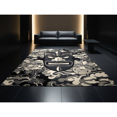 Tapis oriental noir lavable à la machine Newberry Ku Classic - reliure noire